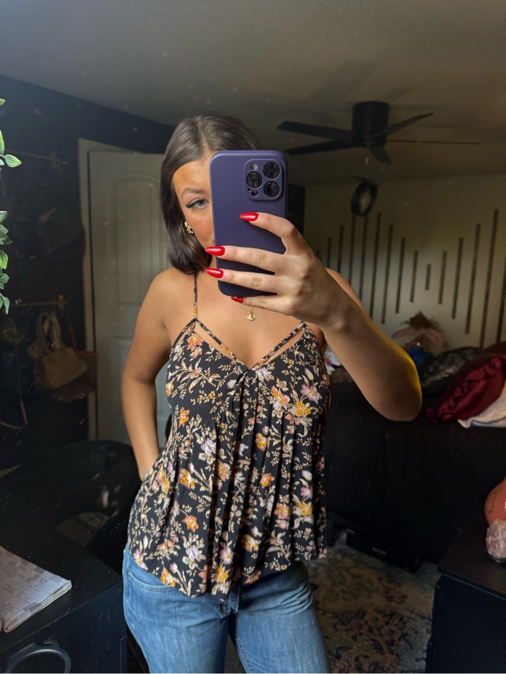 Black Floral Spaghetti-Strap Camisole